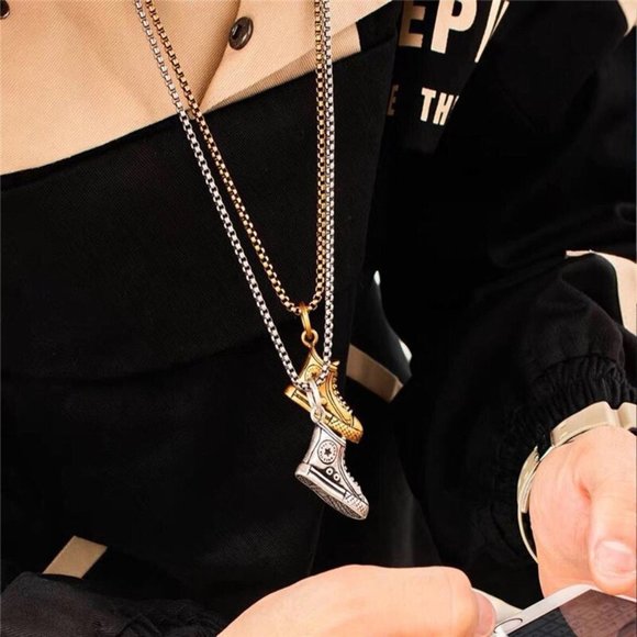 Stainless Steel Vintage Shoes Necklace Pendant Long Chain Hip Hop Rock - Picture 5 of 5